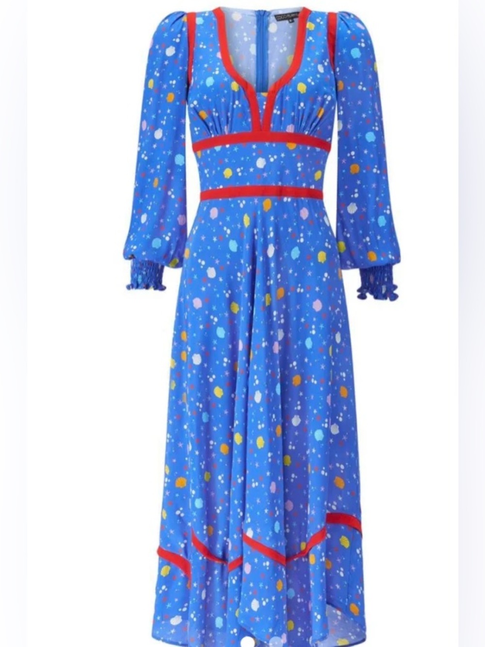 Coco Fennell Sea Shell Dirndl Midi Dress Blue Red Trim 6 Vintage Inspired